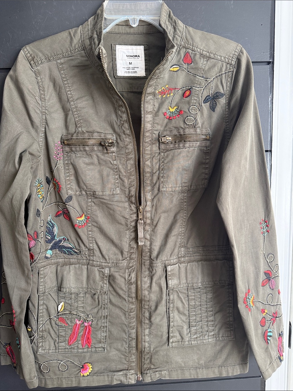 Boho Sonoma Olive Utility Jacket with Floral Embroidery M